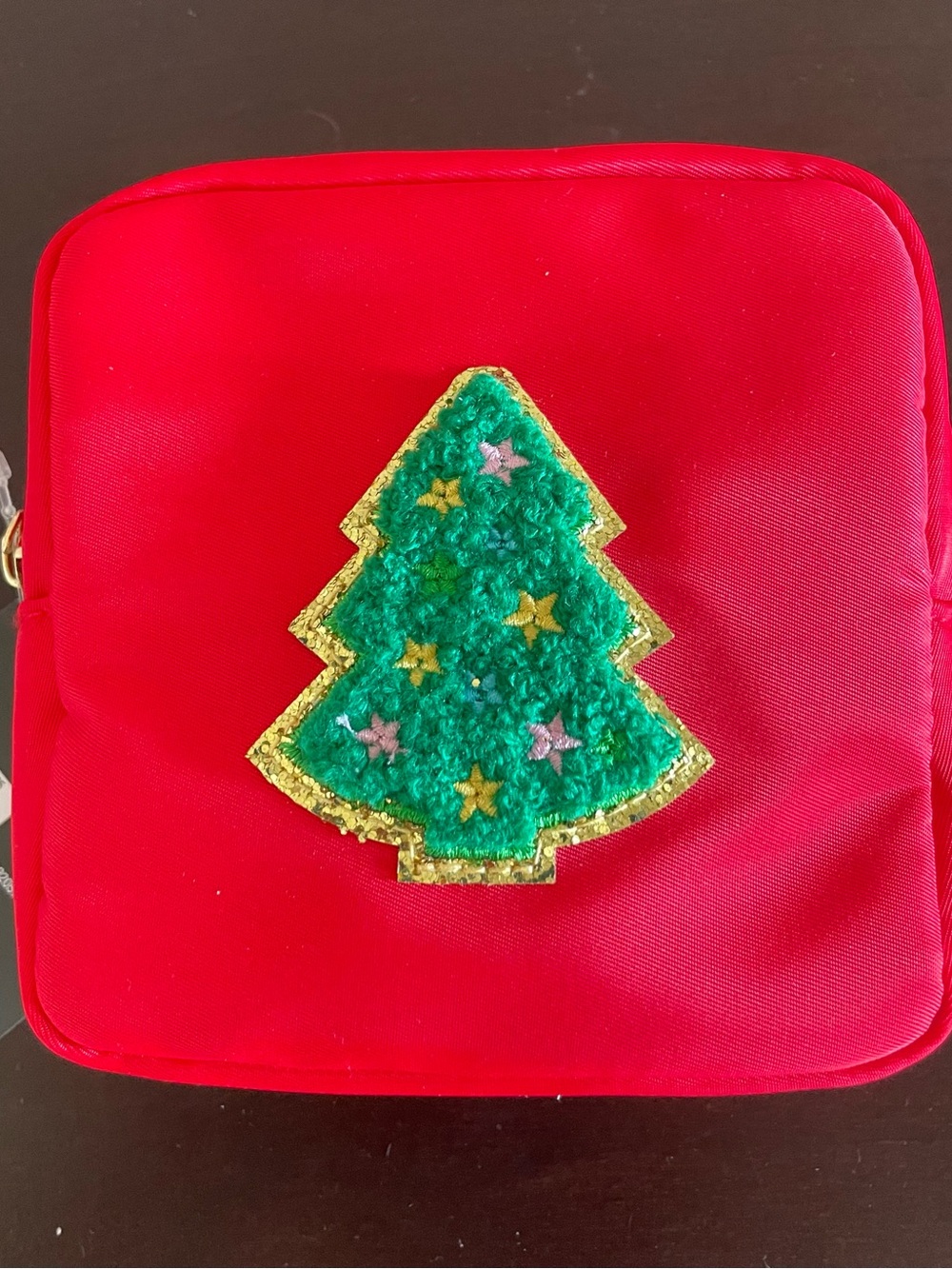 Festive Red Cosmetic Pouch with Green Christmas Tree Appliqué
